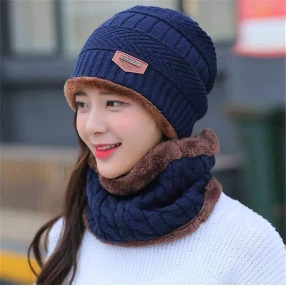 Winter Wool Cap & Neck Warmer Set – Thermal Beanie and Scarf Combo for Men & Women